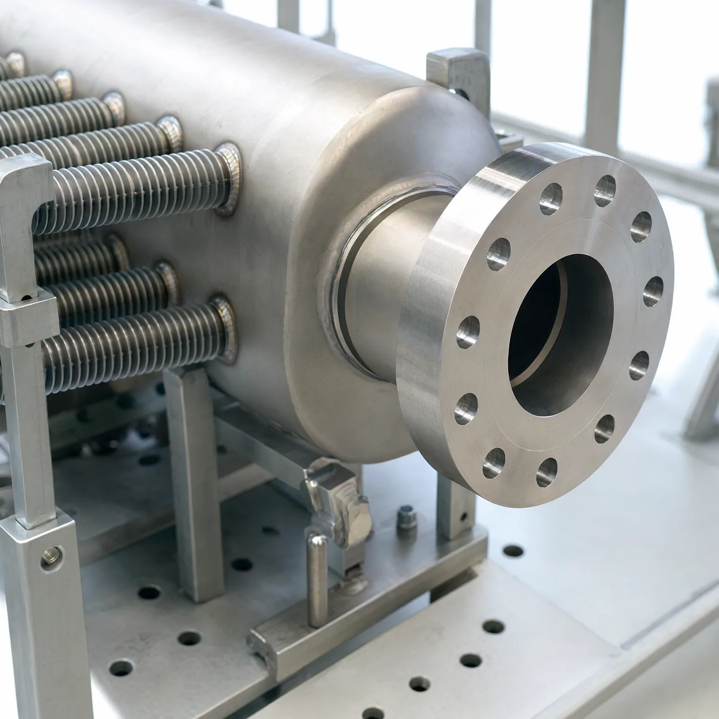 Header, nozzle and flange fit-up beside a bank of finned tubes