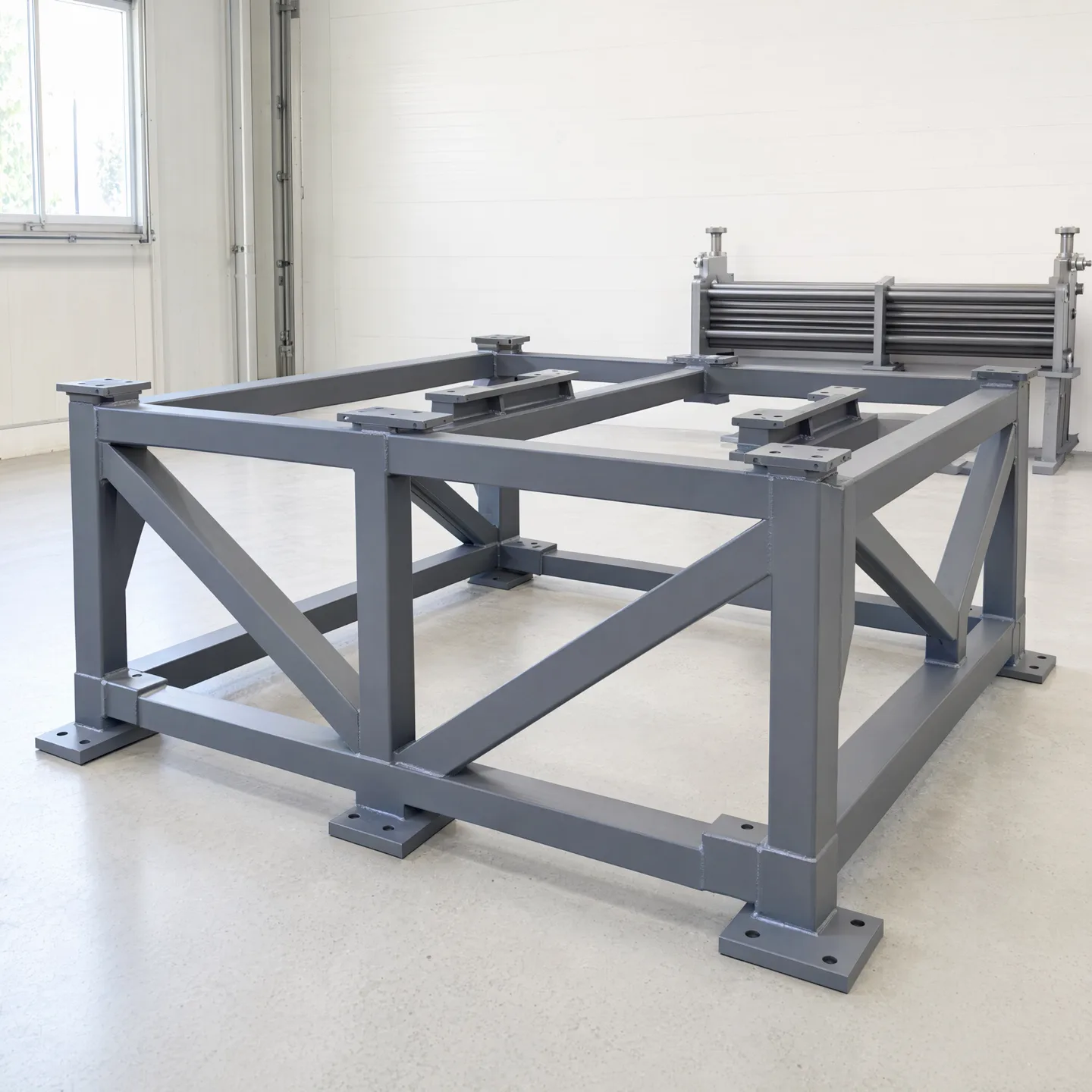 Welded support frame with bracing and mounting feet before equipment installation