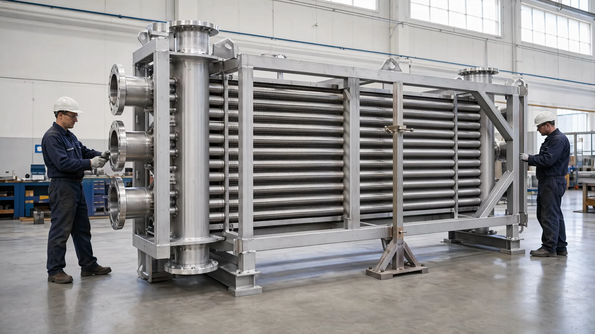 Large finned-tube exchanger assembly in progress with headers and welded frame visible