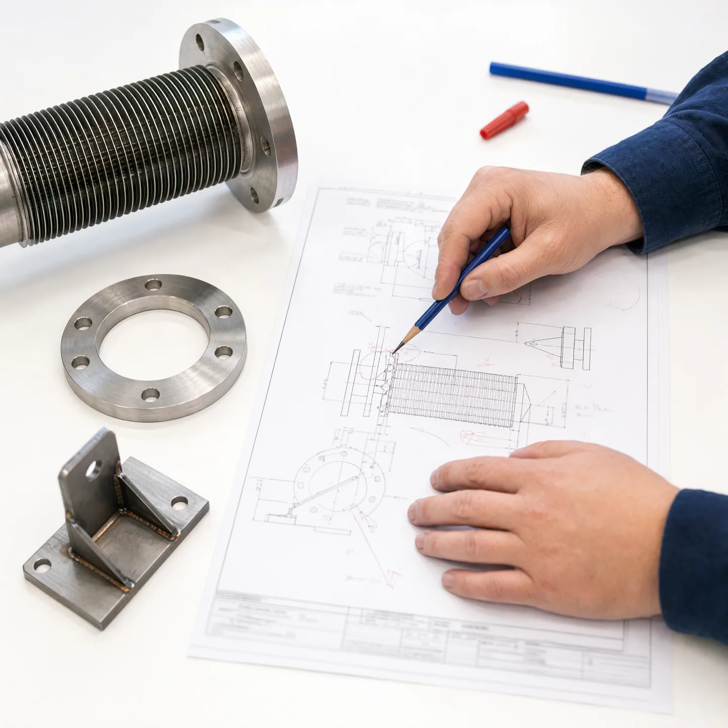 Manufacturing engineer reviewing a drawing beside a finned-tube sample and fabricated components