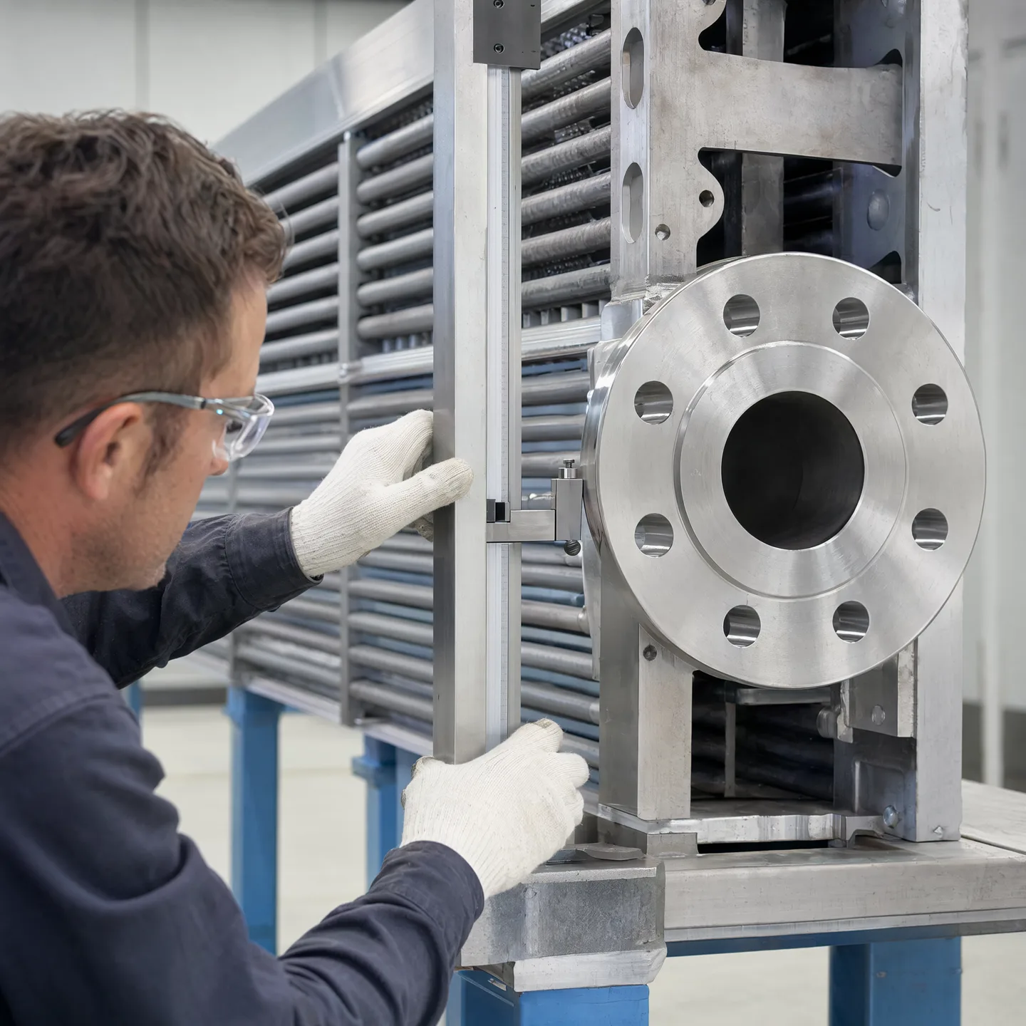 Inspector checking flange and interface alignment on a framed exchanger