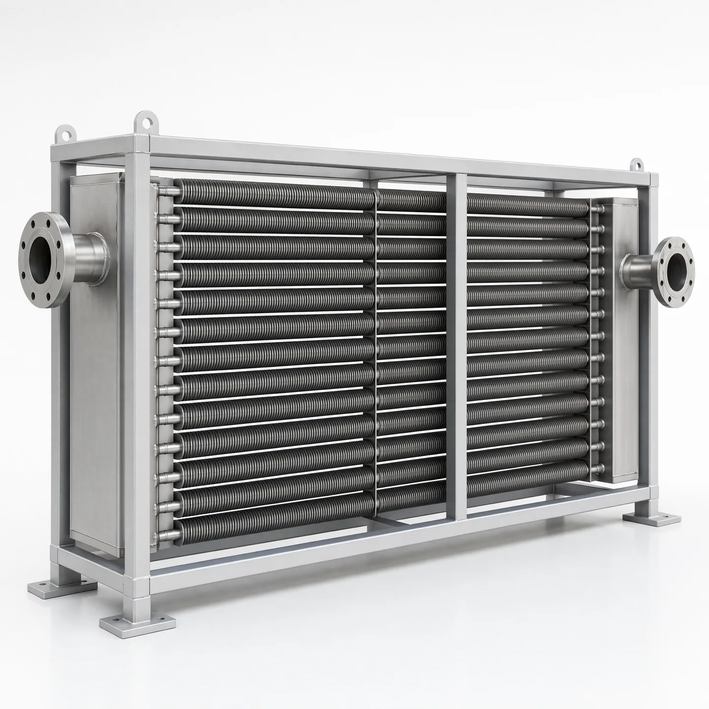 Complete rectangular finned-tube coil module inside a welded frame