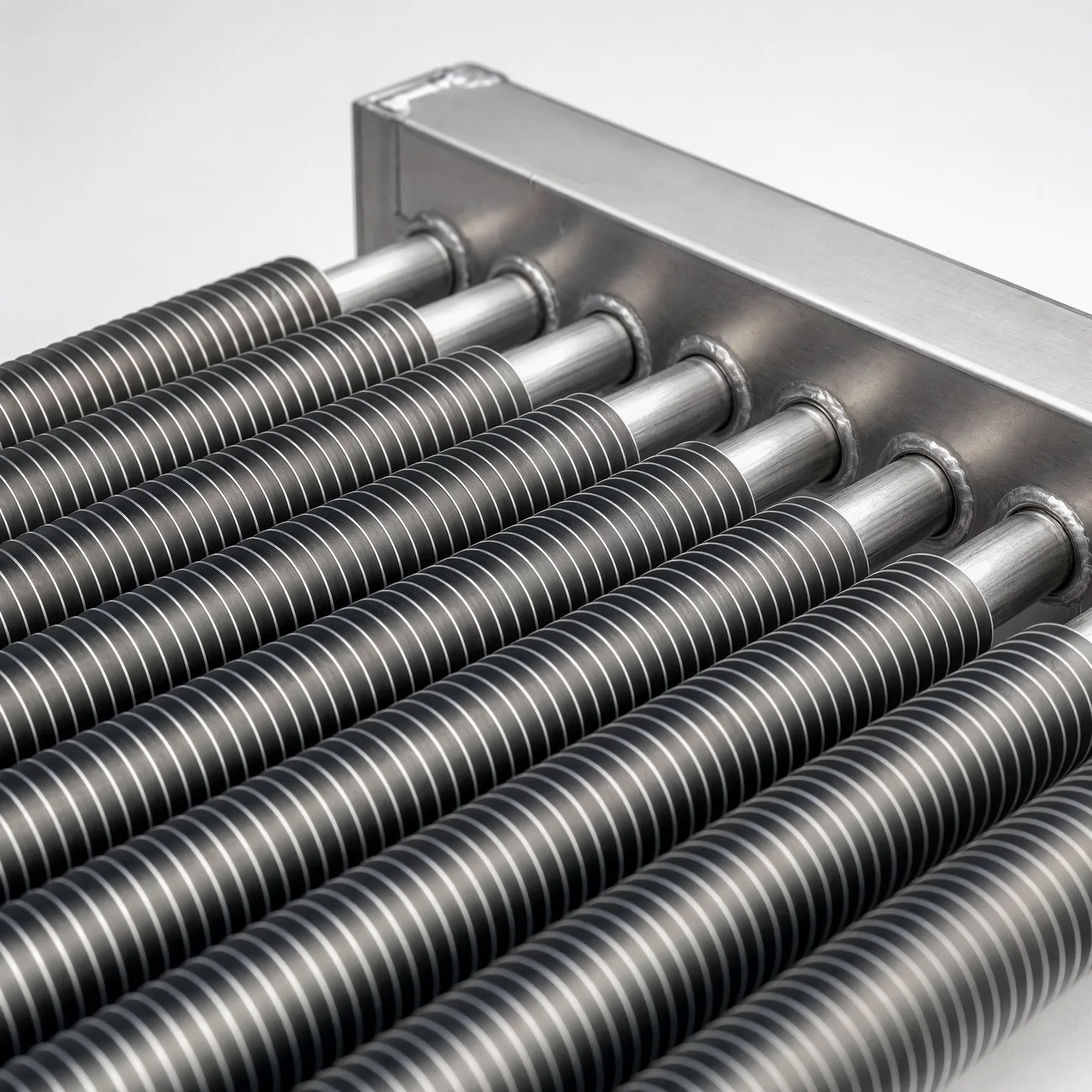 Detailed view of ordered fins and tubes in the rectangular module