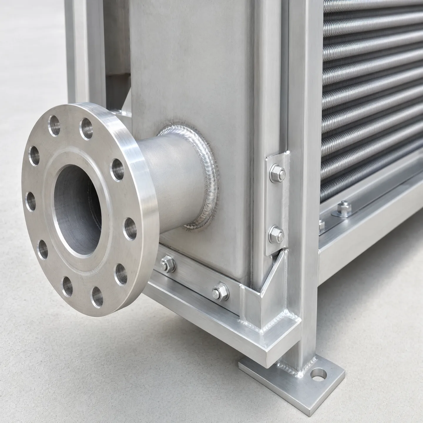 Flange, frame corner and mounting foot detail on the module