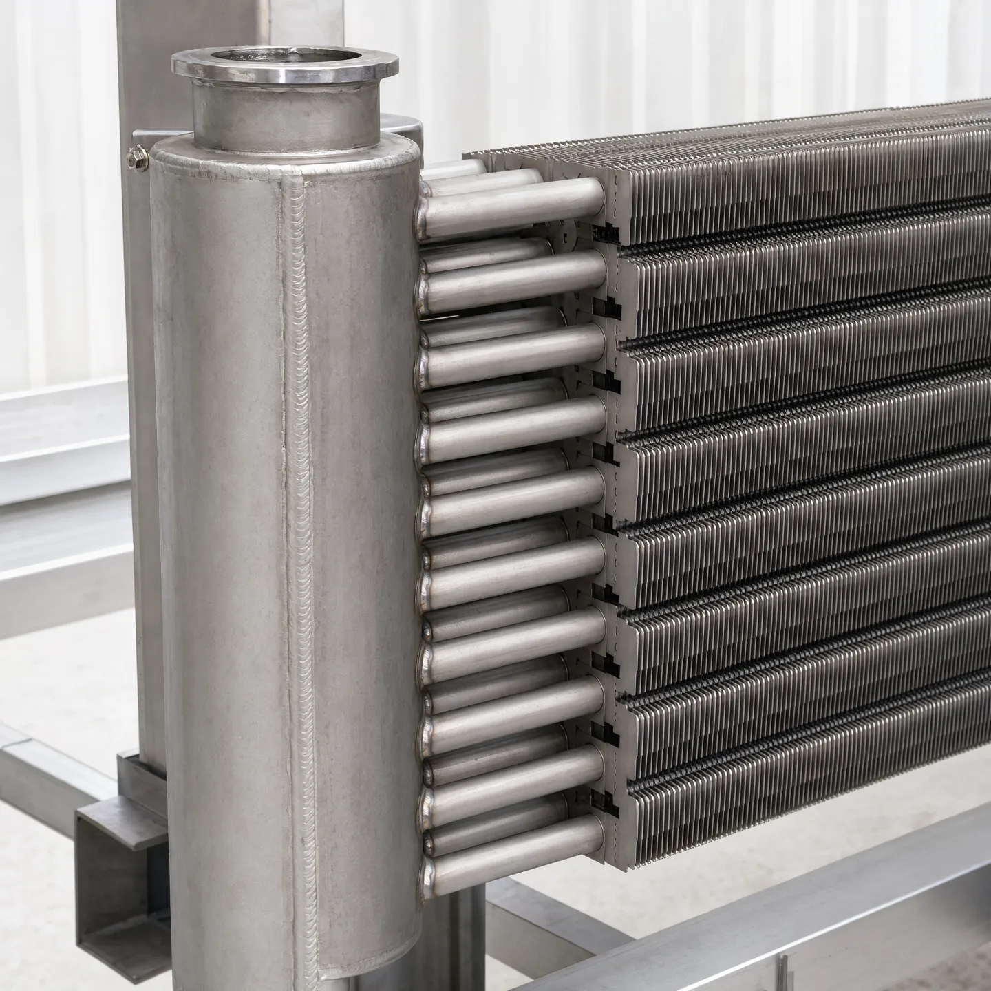 Header, tube entry and weld-area detail on the horizontal assembly