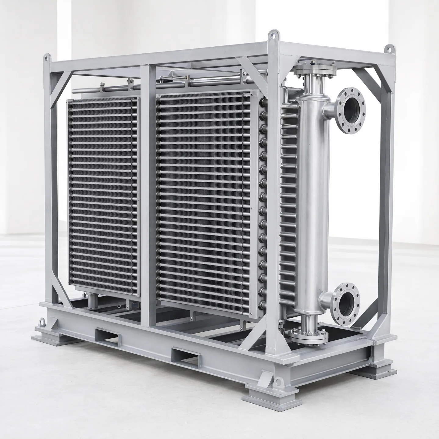 Compact skid-mounted finned-tube exchanger with manifold, flanges and welded frame