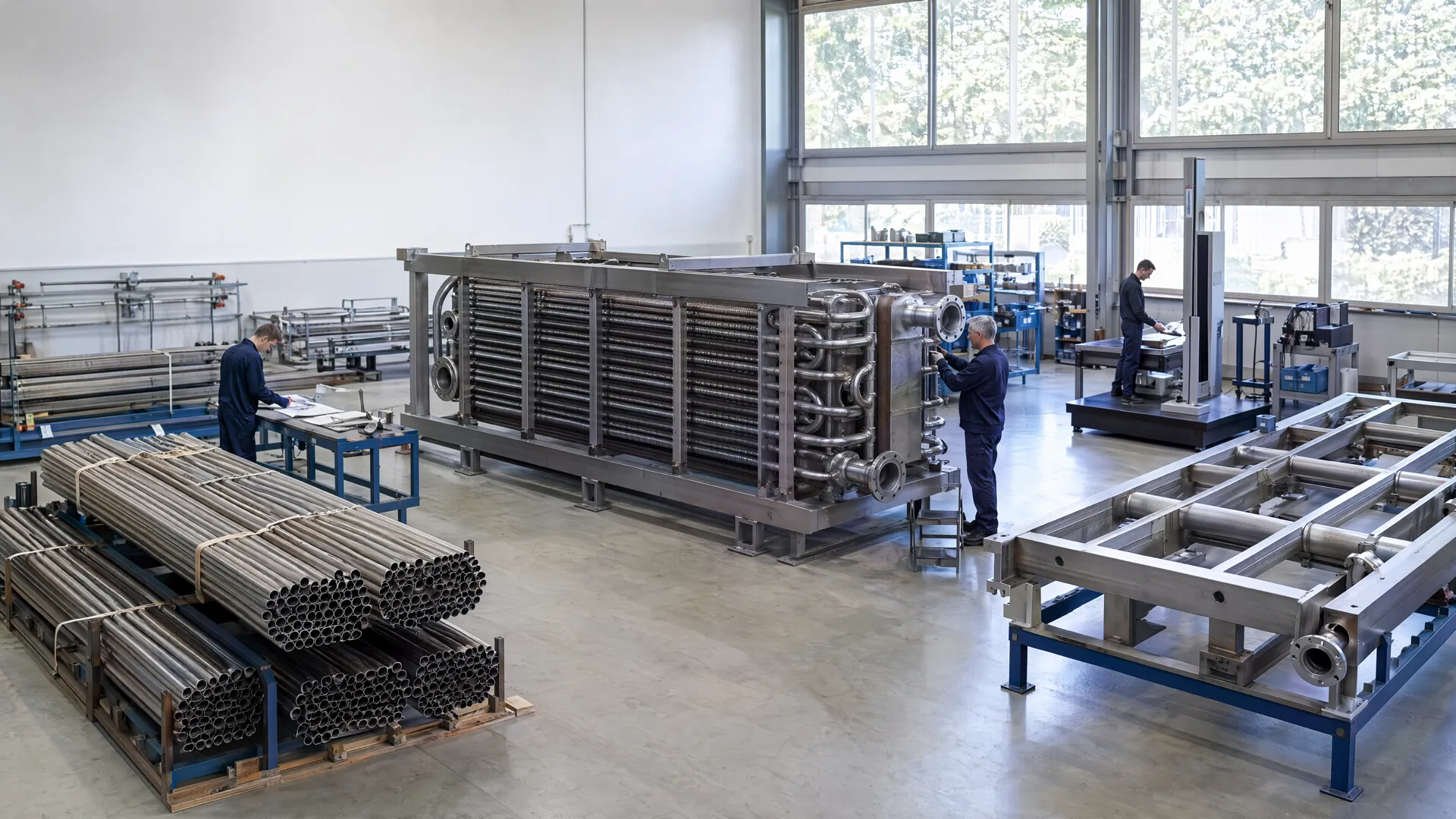 Illustrative bright workshop with finned-tube exchanger assembly stations