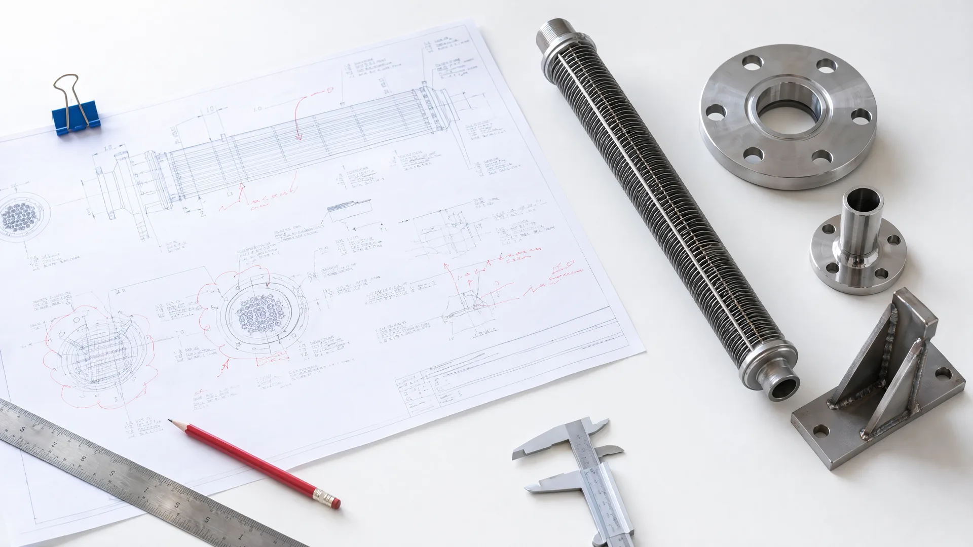 Drawing, redlines, finned-tube sample, flange and bracket arranged for a manufacturability review