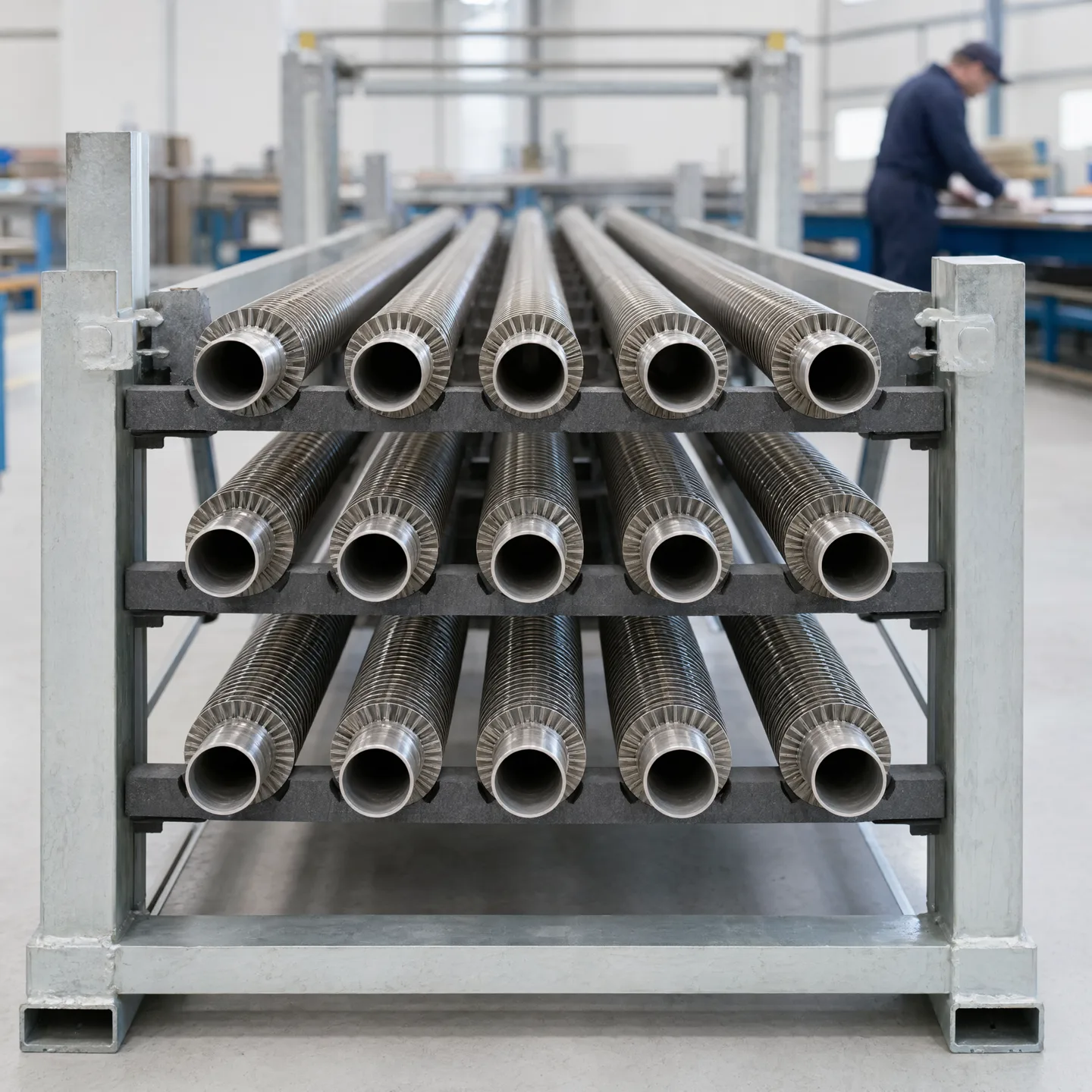 Illustrative end view of aligned finned-tube rows on a support frame
