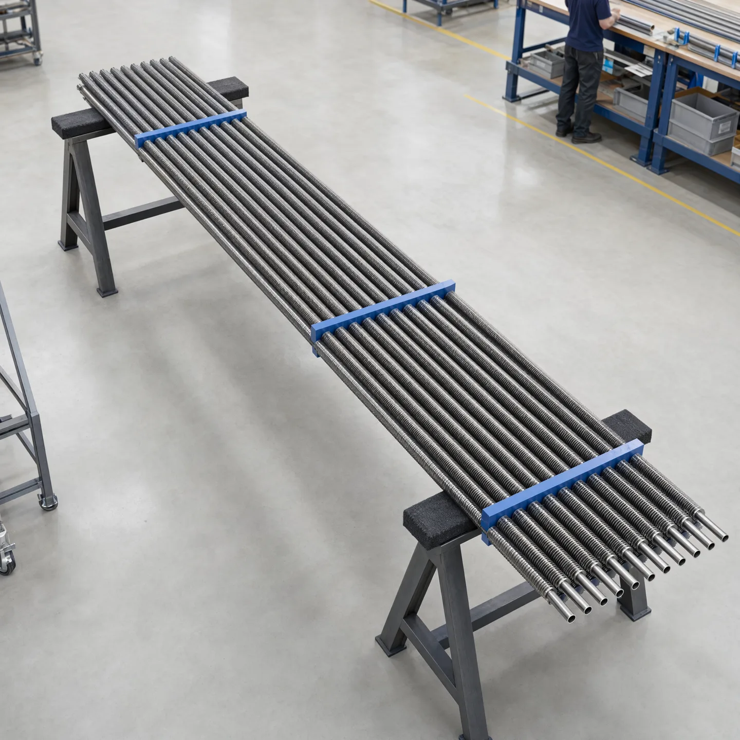 Illustrative grouped finned tubes arranged on temporary supports before assembly