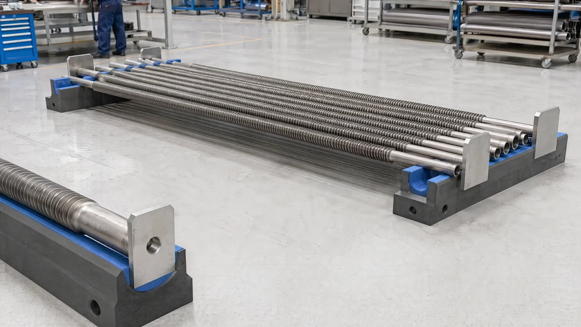 Illustrative tube group stabilized on temporary crossbars and end supports