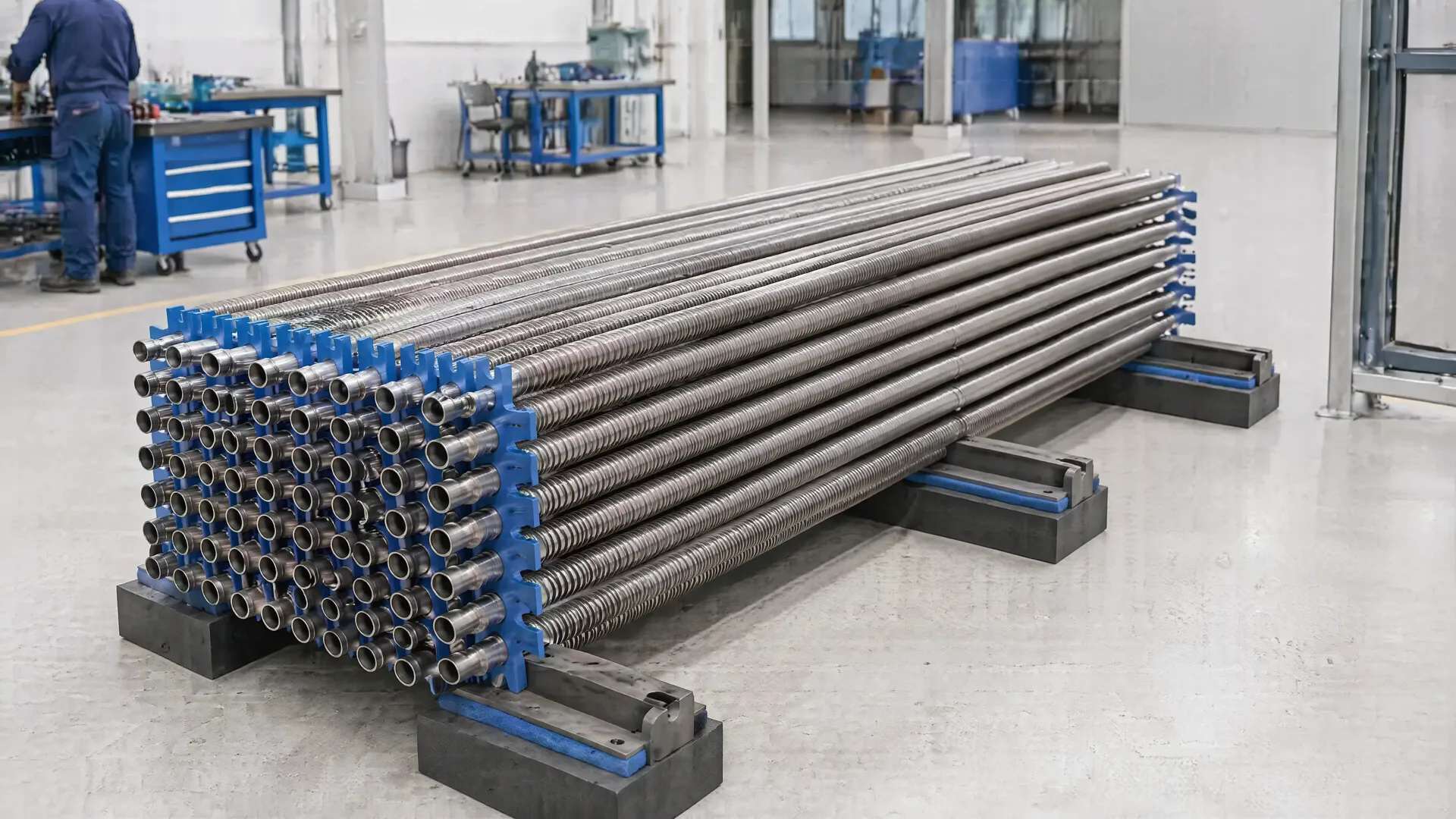 Illustrative tube bundle staged on temporary supports before frame insertion