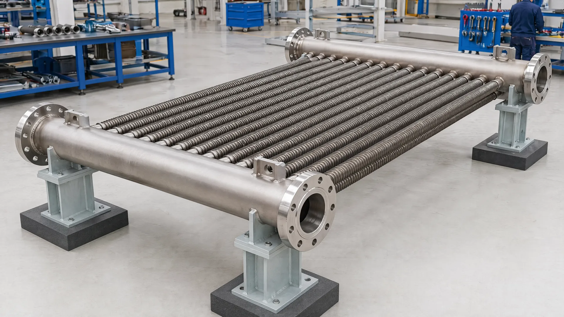 Illustrative tube bank connecting two header bodies on temporary supports