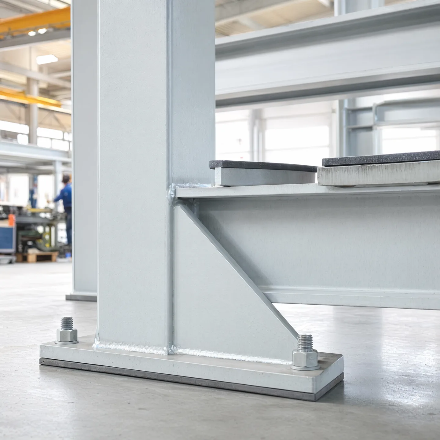 Illustrative base plate, stiffener and support node on a welded frame