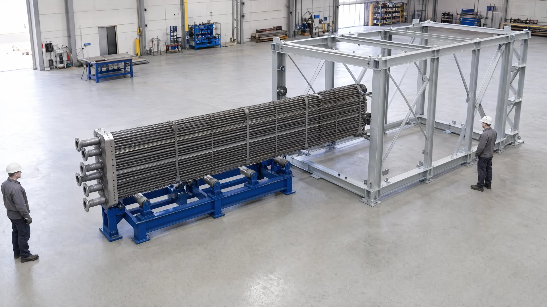 Illustrative finned-tube bundle moving into an open welded frame