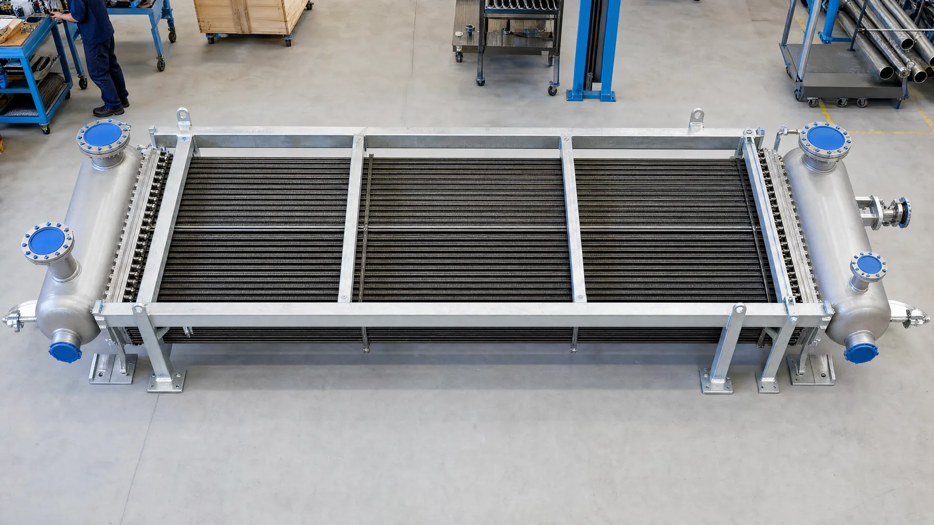Illustrative full exchanger assembly with tube banks, connections and supporting frame