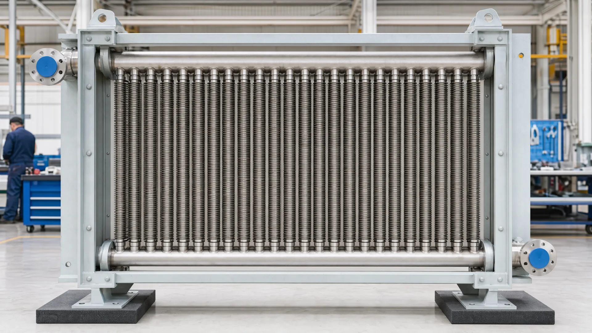 Illustrative complete rectangular finned-tube module with visible headers, frame and supports