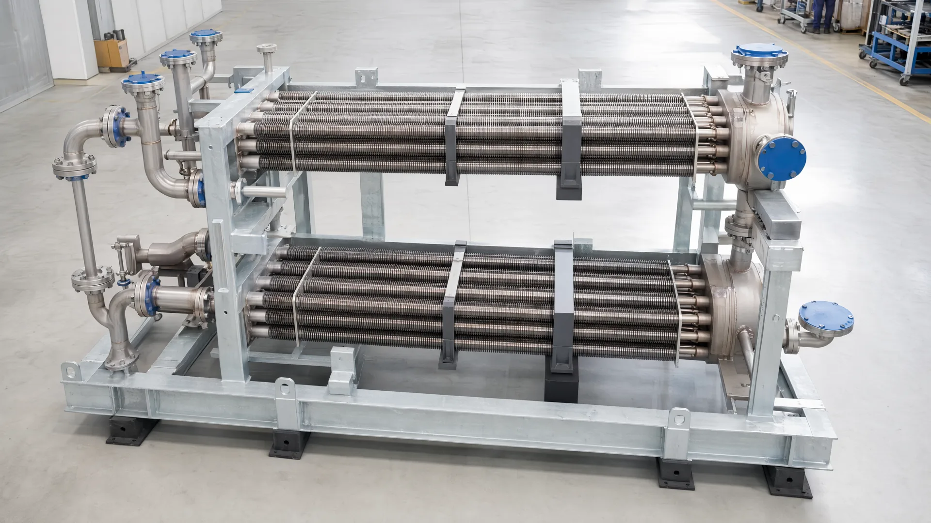 Illustrative compact assembly with two parallel finned-tube bundles