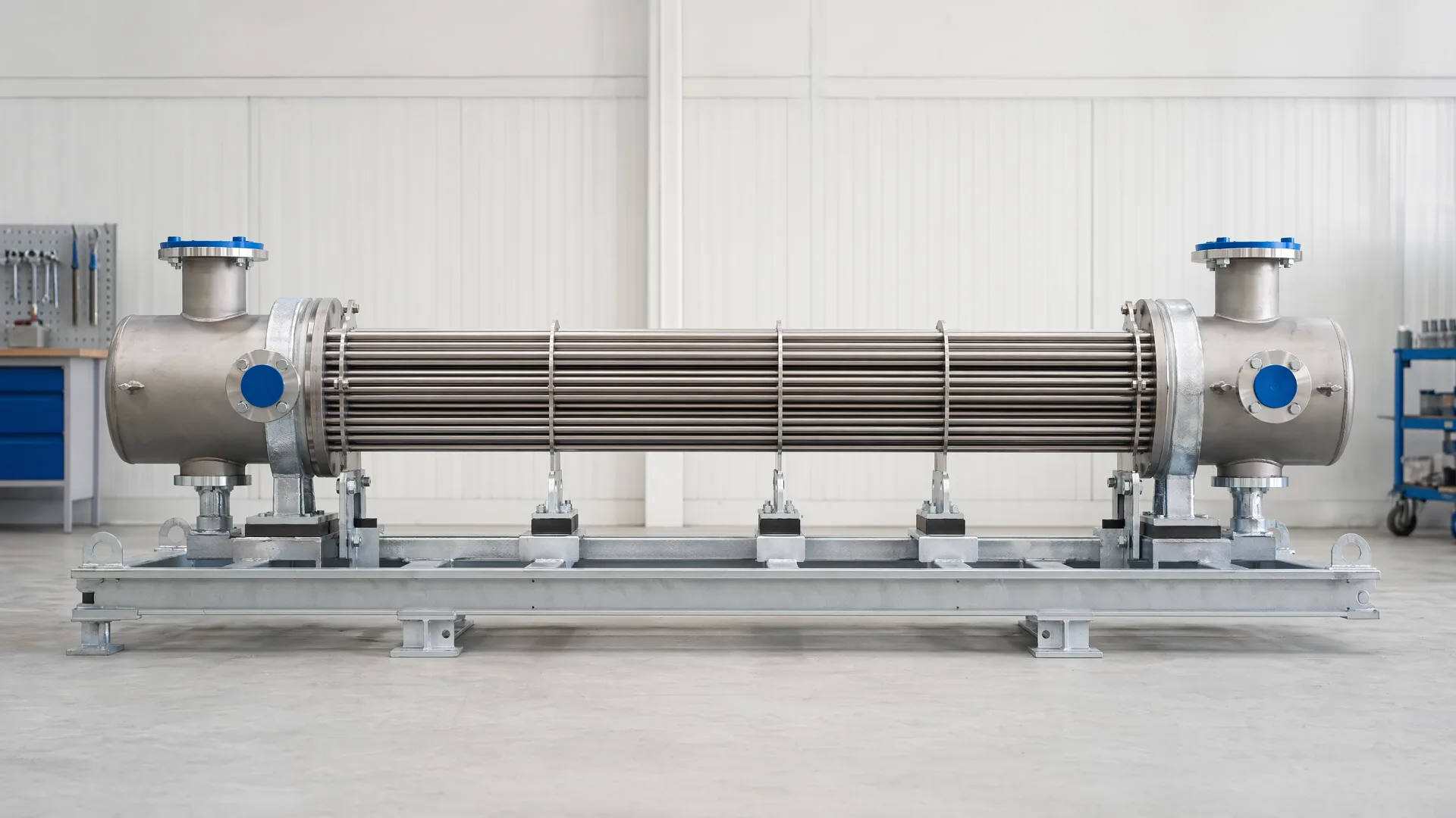 Illustrative full side view of a complete exchanger with supports and interfaces