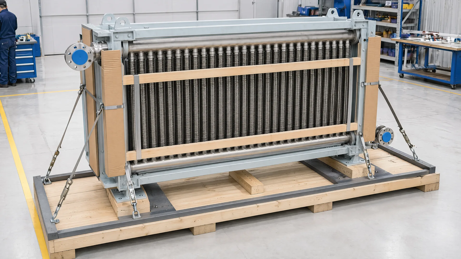 Illustrative complete finned-tube unit secured to a wood and steel transport base